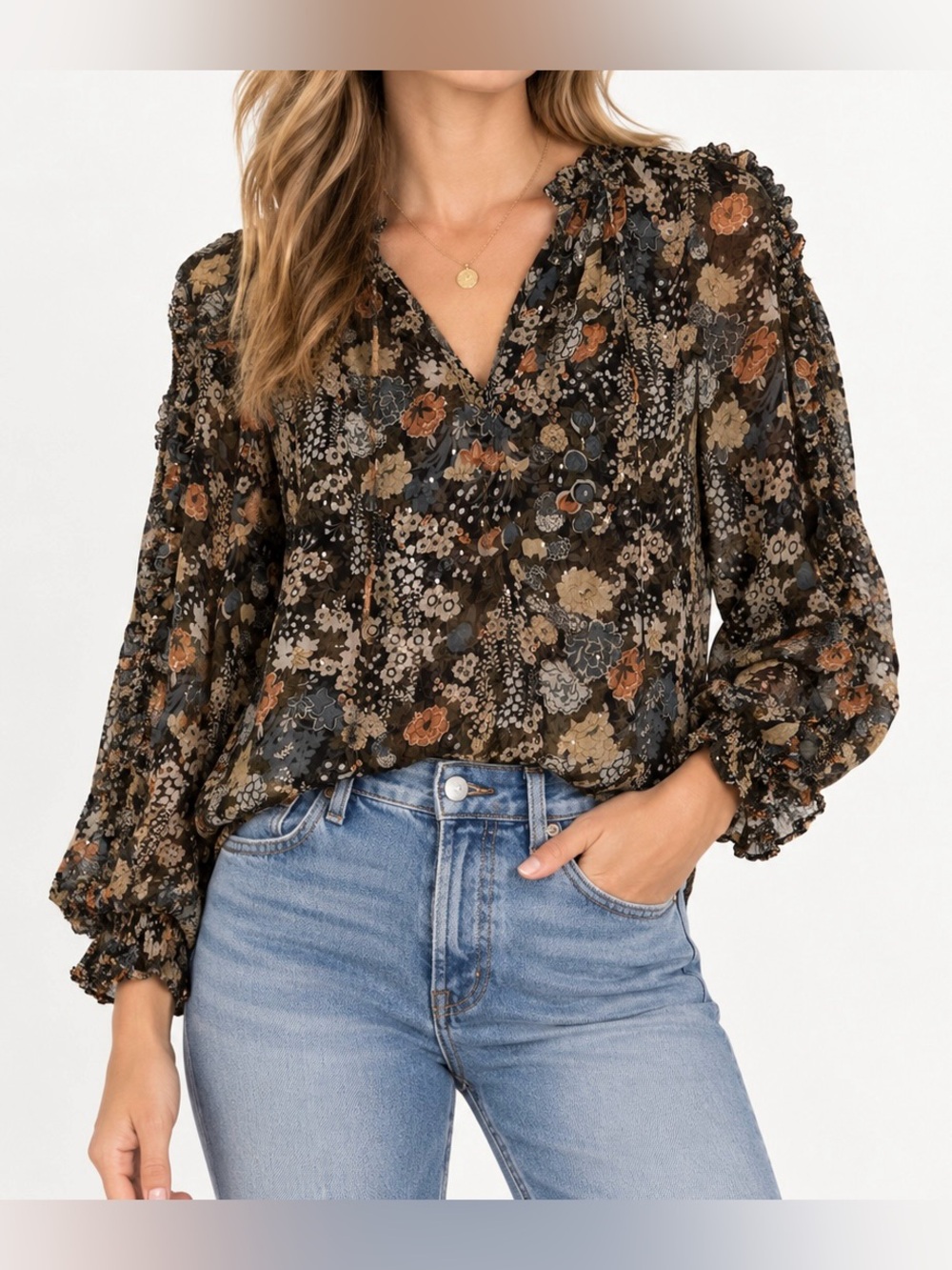Ulla Johnson Green and Orange Sheer Silk Floral Ruffle V Neck Blouse - Size 6